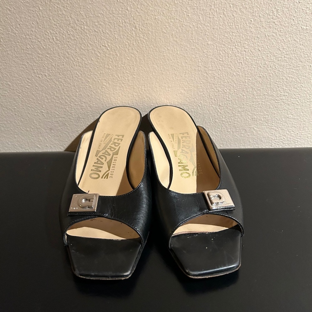 Vintage Ferragamo Peep Toe Pumps, Black, Size 5.5